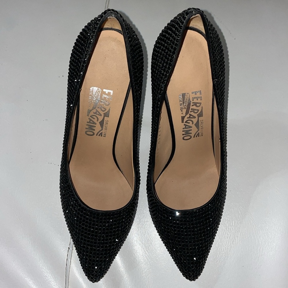 Black Ferragamo rhinestone studded encrusted pumps heels 7.5